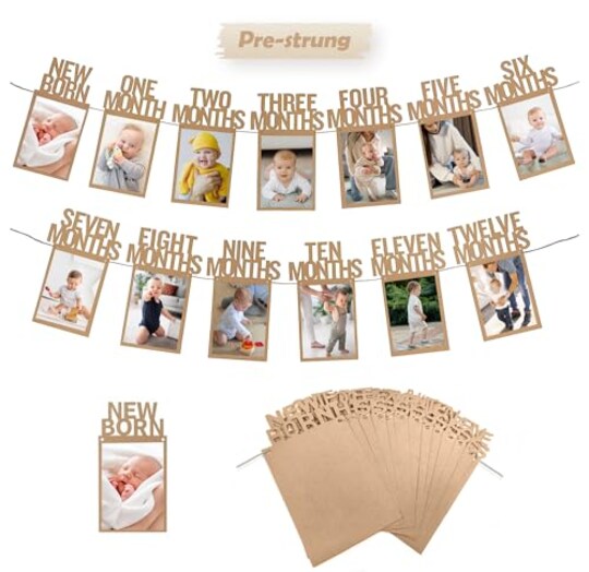 HiParty; 1st Birthday Baby Photo Banner for Newborn to 12 Months, First Birthday Decorations for Boys or Girls, First Birthday Photo Banner Pre-Strung with Frame,Monthly Milestones Birthday Party Kit; Category:Banners; Image:1